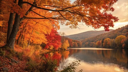 Fototapeta premium Vibrant Autumn Landscape with Serene Lake Reflecting Fiery Orange and Crimson Fall Colors