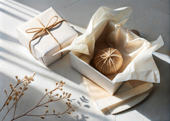 Stylish gift wrapped in white, decorative box with natural elements.