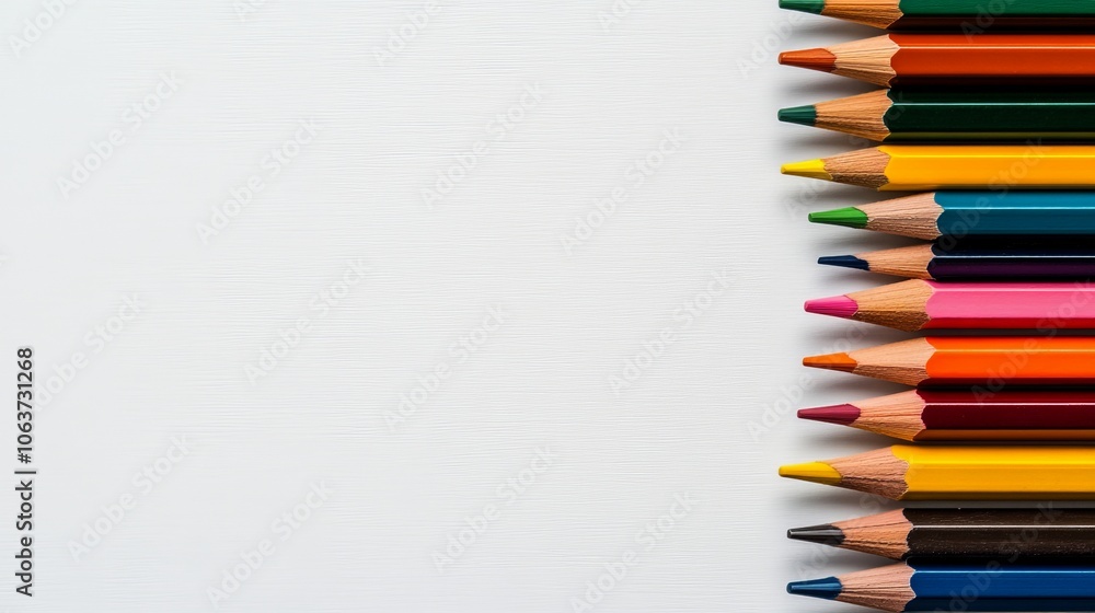 Poster colorful crayons on white background: a vibrant row of sharpened crayons arranged in a diagonal line