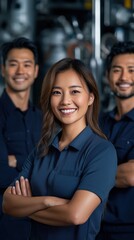 Fototapeta premium Diverse industrial team exuding positivity in modern workplace with advanced machinery
