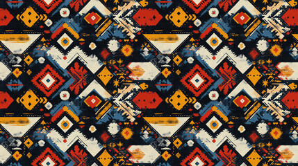 Fototapeta premium Abstract geometric seamless pattern featuring handmade ethnic and tribal motifs perfect for bohemian style decor and textile design