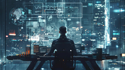 A futuristic small business owner in a high-tech office, using AI-driven analytics and virtual assistants to manage day-to-day operations, reflecting the cutting-edge trends of 2025