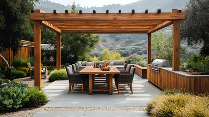 Outdoor Patio With Wooden Pergola, Table, and Chairs