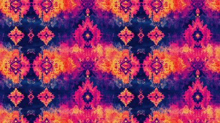 Vibrant seamless pattern featuring Tibetan fabric with tie dye motifs and ethnic Islamic designs ideal for textile applications