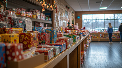 Fototapeta premium Brightly wrapped gifts displayed on shelves at a charity event or store. The concept of a happy childhood and caring for children, making the world a better place
