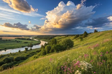 Fototapeta premium Vibrant Summer Landscape Under a Vast Cerulean Sky with Billowing Clouds and Flourishing Greenery