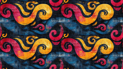 Seamless pattern of colorful stripes and swirls on a batik jeans background ideal for textile and fashion design applications