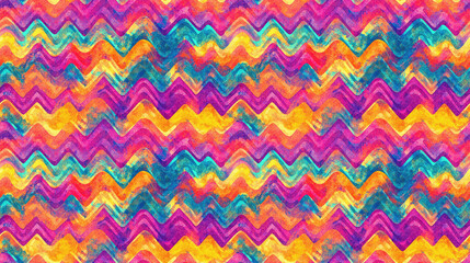 Vibrant seamless pattern featuring psychedelic art with zigzag designs and space dyed fabric perfect for trendy fashion and home decor