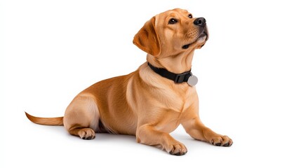 Golden Retriever with Collar: A captivating portrait of a golden retriever dog with a black collar, looking up with an expressive gaze. The dog's golden fur, vibrant eyes.