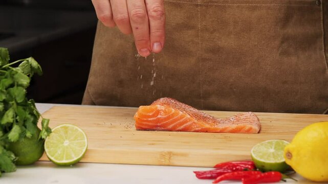 Cooking salmon red fish steak Peruvian ceviche close-up. Fresh cooked ceviche made of raw white fish. Traditional Peruvian cuisine. Cooking seafood dish.