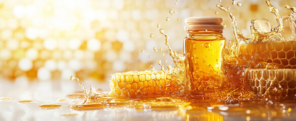 Varied Types of Honey and Honeycombs on White Background with Copy Space
