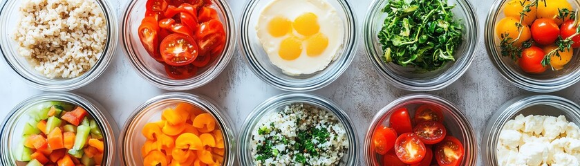 Healthy meal prep setup, containers filled with balanced meals, fresh ingredients, ready for the week ahead