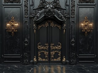 Elegant Black and Gold Doorway with Ornate Molding and Marble Floor 3D Illustration