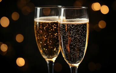 Two Glasses of Sparkling Champagne with Bokeh Lights