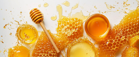 Varied Types of Honey and Honeycombs on White Background with Copy Space