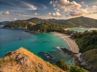 Obraz premium Vibrant Turquoise Waters of Phuket's Coastline Surrounded by Lush Green Tropical Landscape View