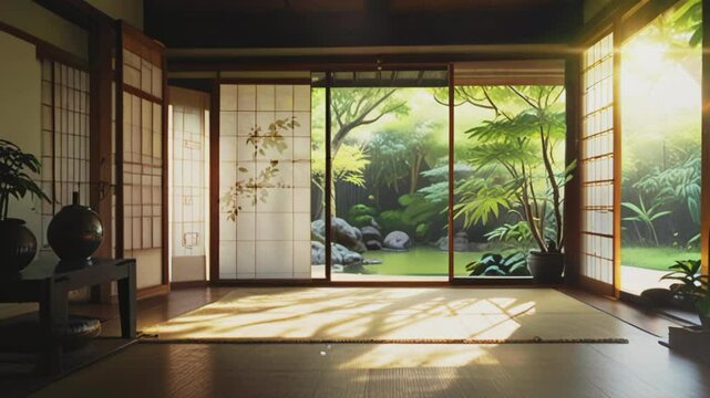Traditional Japanese room with mini garden, 4K seamless looping virtual video animation background