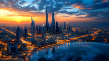 Naklejka premium Cityscape at Sunset with Skyscrapers and Water Reflection - Photo