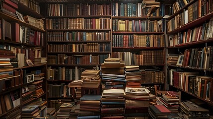 Cozy Bookshelf Filled with Vintage Books in a Rustic Library