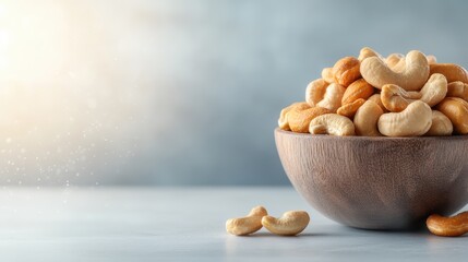 Cashews in a wooden bowl bathed in soft, natural light, creating a serene and inviting atmosphere, perfect for highlighting their texture and freshness.