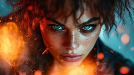 A mesmerizing portrait of a person with striking eyes whose gaze pierces through fiery sparks, creating an intense and visually captivating composition.