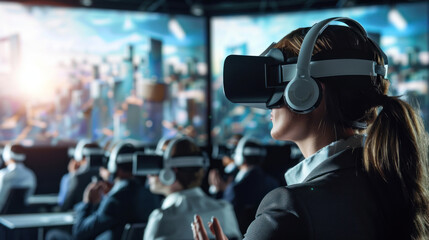 Employees attending a virtual corporate event with live video presentations, interactive breakout sessions, and digital networking opportunities, creating a fully immersive virtual experience