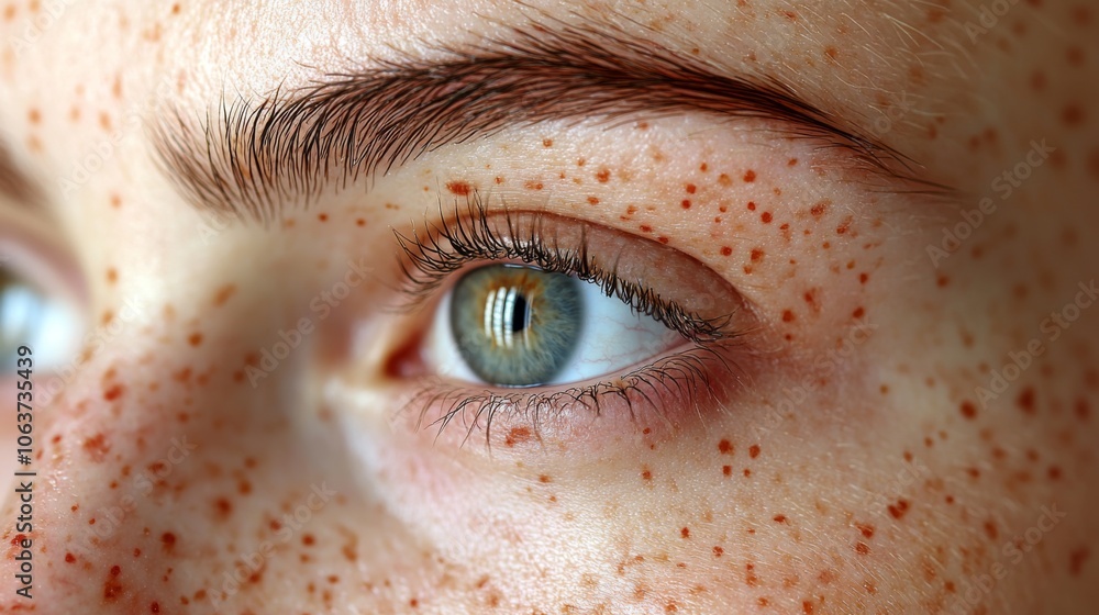 Poster a close-up showcases a vibrant eye with an intricate iris, surrounded by numerous freckles on the sk