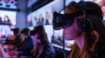 Employees attending a virtual corporate event with live video presentations, interactive breakout sessions, and digital networking opportunities, creating a fully immersive virtual experience