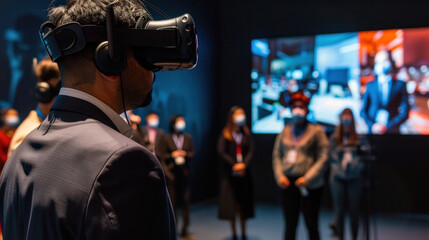 Employees attending a virtual corporate event with live video presentations, interactive breakout sessions, and digital networking opportunities, creating a fully immersive virtual experience