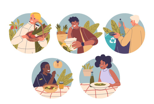Diverse Avatars of People Enjoying Eco-Friendly Food And Sustainable Living Practices In Vibrant Setting - Powered by Adobe