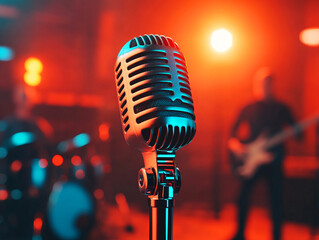 Musicians perform live on stage with vintage microphone in vibrant atmosphere full of energy and...