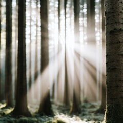 Sunlight filtering through trees in a serene forest setting.