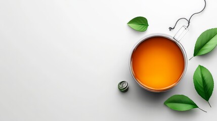 Aromatic Tea Time: A glass teacup filled with a vibrant orange infusion, nestled amongst lush green leaves, invites a moment of tranquility and wellness.  