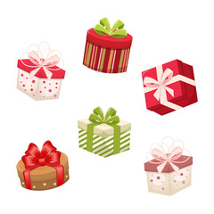 Christmas gift Boxes elements set. Happy New Year boxes in cute red and green flat design with ribbons. Stock vector Christmas icon