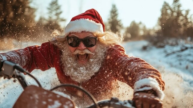 Santa Claus, donning sunglasses, is seen racing a motorcycle through a snow-covered countryside, exuding a rebellious and joyful spirit amidst winter landscapes.