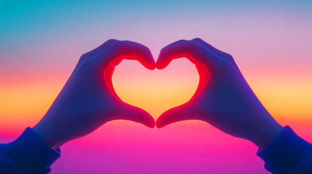 Two hands form a heart shape against a vibrant sunset sky, symbolizing love and connection