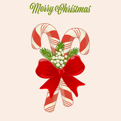 Christmas candies with fir tree branches. A vibrant holiday design featuring red ribbons, green leaves arranged for festive decoration during winter