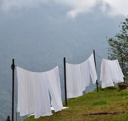white bed sheet hang for dry  in clothes line