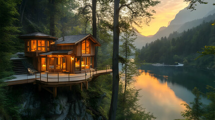 Fototapeta premium Cabin Overlooking Lake at Sunset - Realistic Image