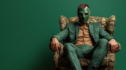 A mysterious man wearing a green suit and mask relaxes on a camouflage armchair in a dark, enigmatic setting with green walls, representing mystery and secrecy.