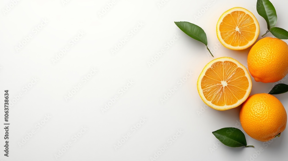 Poster citrus burst: juicy oranges and vibrant green leaves arranged on a bright surface, creating a refres