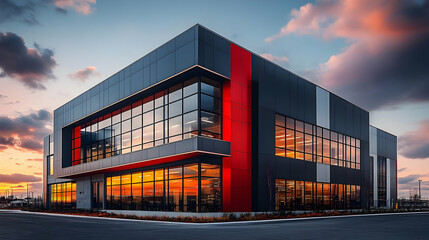 Modern Office Building with Large Windows and Red Accents - Realistic Image