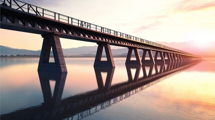 Railway crossing river at sunset, side view focusing on bridge length and reflection in the still water, with warm sky colors.