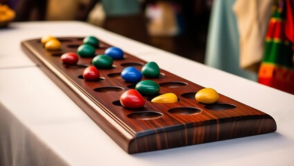 A wooden game board with colorful stones on a white tablecloth.