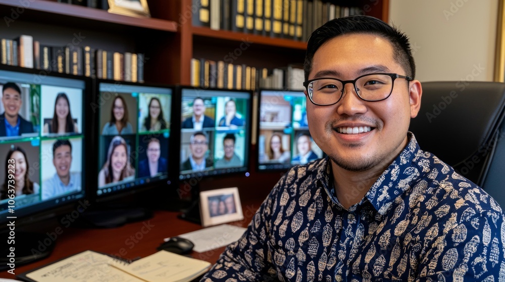 Poster man glasses smiles while participating virtual meeting surrounded laptops and multiple screens showc