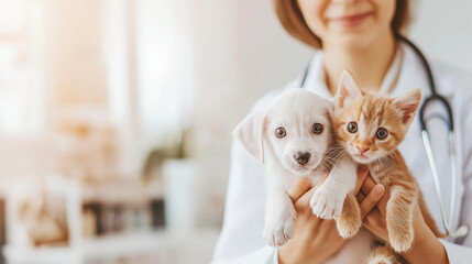 A veterinarian holds a white puppy and a ginger kitten in a clinic.