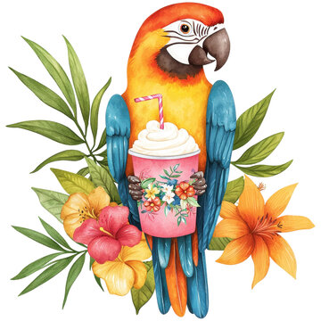Colorful parrot holding a drink surrounded by tropical flowers, ideal for beach-themed designs cut out isolated transparent PNG