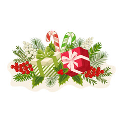 Christmas flowers. A vibrant holiday wreath featuring red poinsettias, green leaves, and white berries arranged for festive decoration during winter