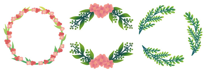 Three simple spring floral frames, borders in circle with grain texture