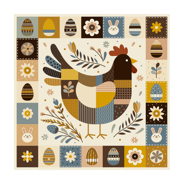 Happy Easter. Illustration of an Easter hen with a decorative frame of holiday elements: easter eggs, rabbit and flowers. Vector cute illustration of Easter. Perfect for the shirt, greeting card.